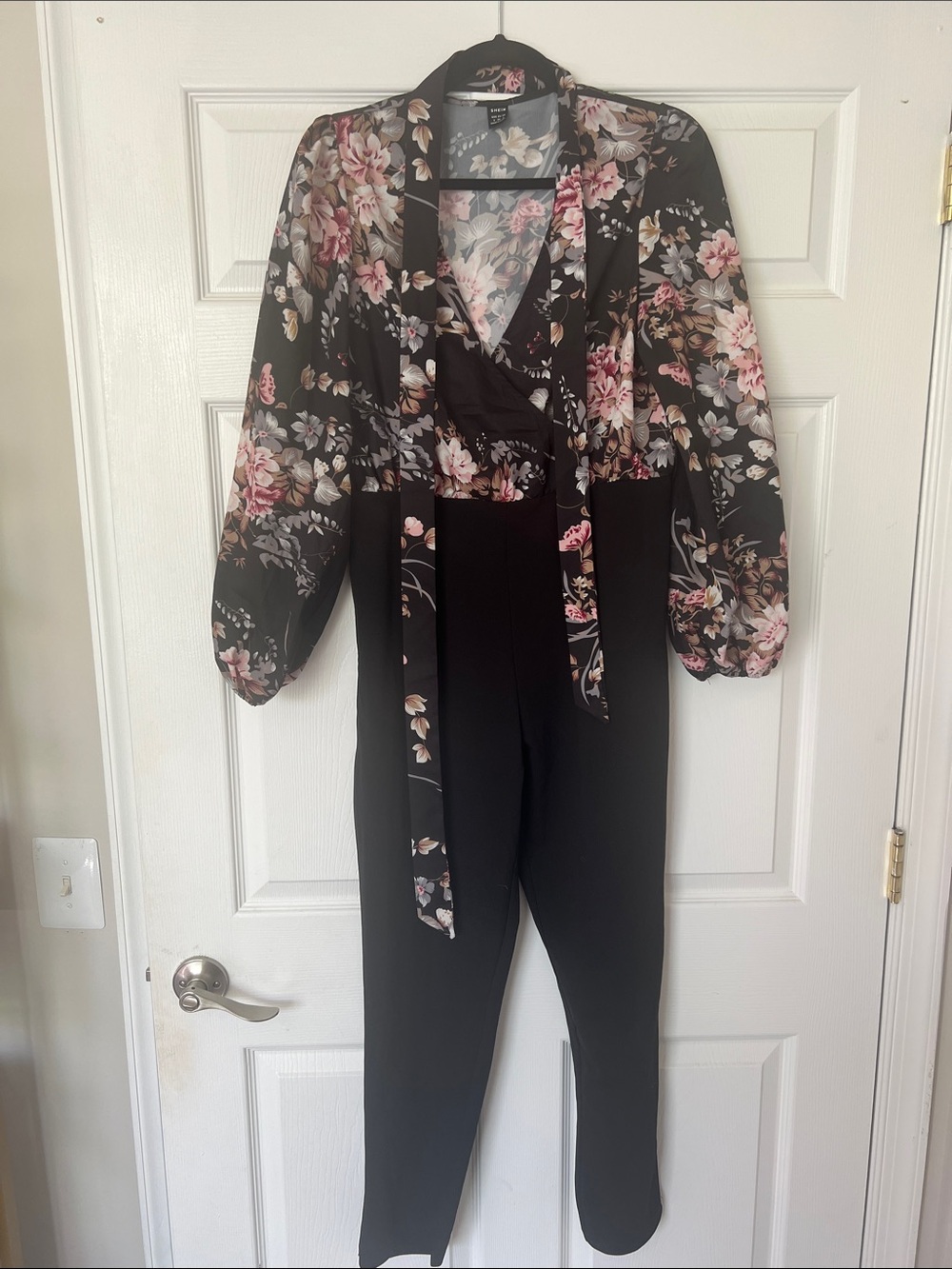 SHEIN Black Floral Wrap Jumpsuit with Pink & Cream Blooms